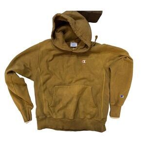 Vintage Champion Reverse Weave Hoodie Mens Med Brown Yellow Pullover Sweatshirt